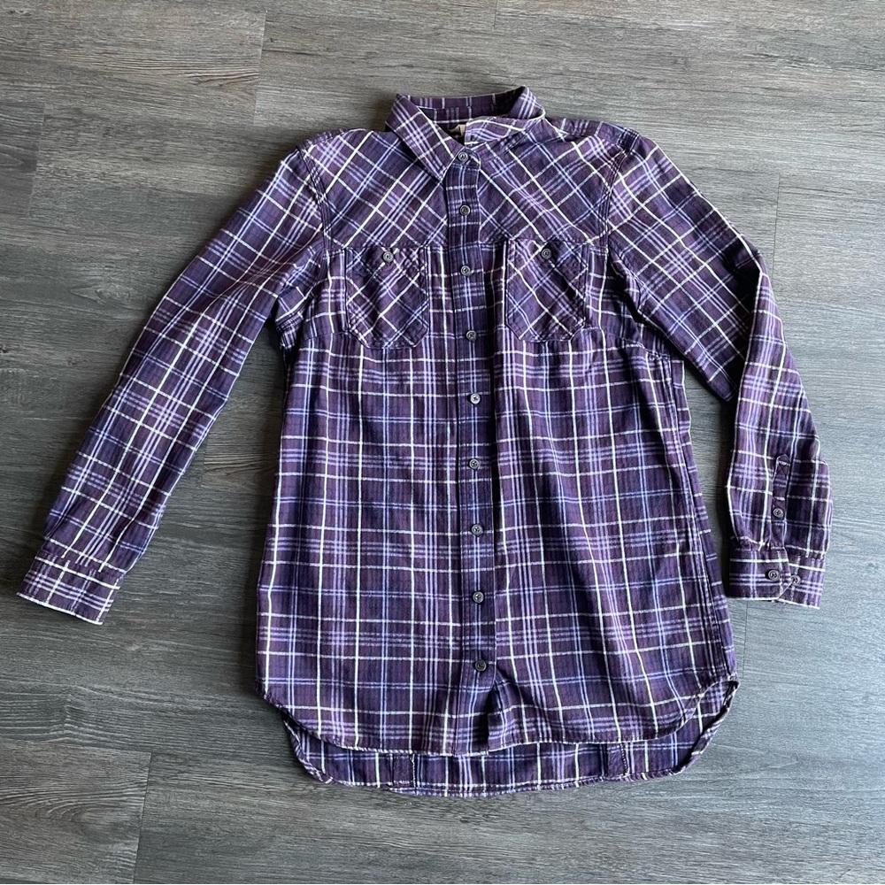 Duluth Trading Co Button Up Shirt Tunic Plaid Womens M 100% Cotton Grunge Casual
